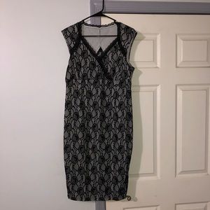Black lace over gray background midi dress